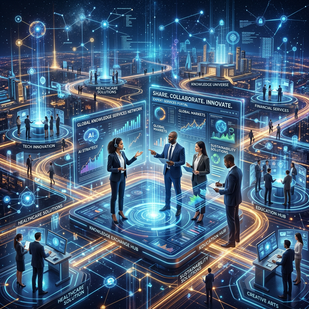 Professionals collaborating in a virtual environment with digital interfaces showing global knowledge services and industry hubs